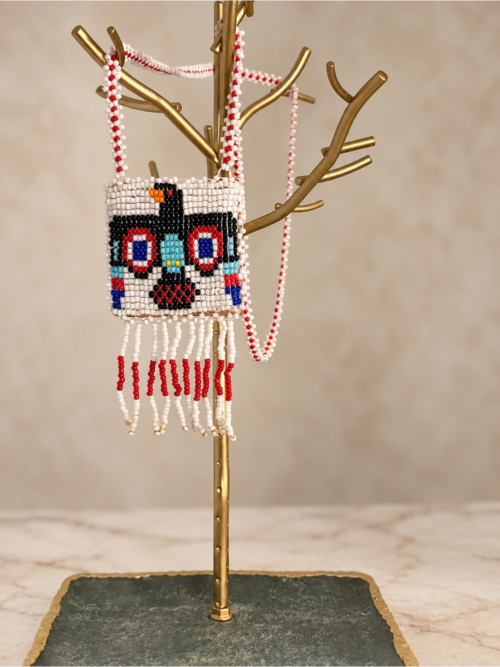Handmade Artisan Beaded Bird Leather Pouch Necklace 28“ Fringe Boho- White & Red